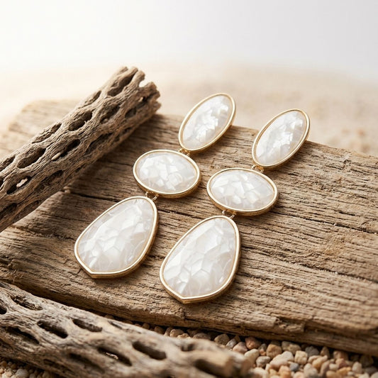 3 Tier Drop Ivory Mosaic Gold Geometric Earrings