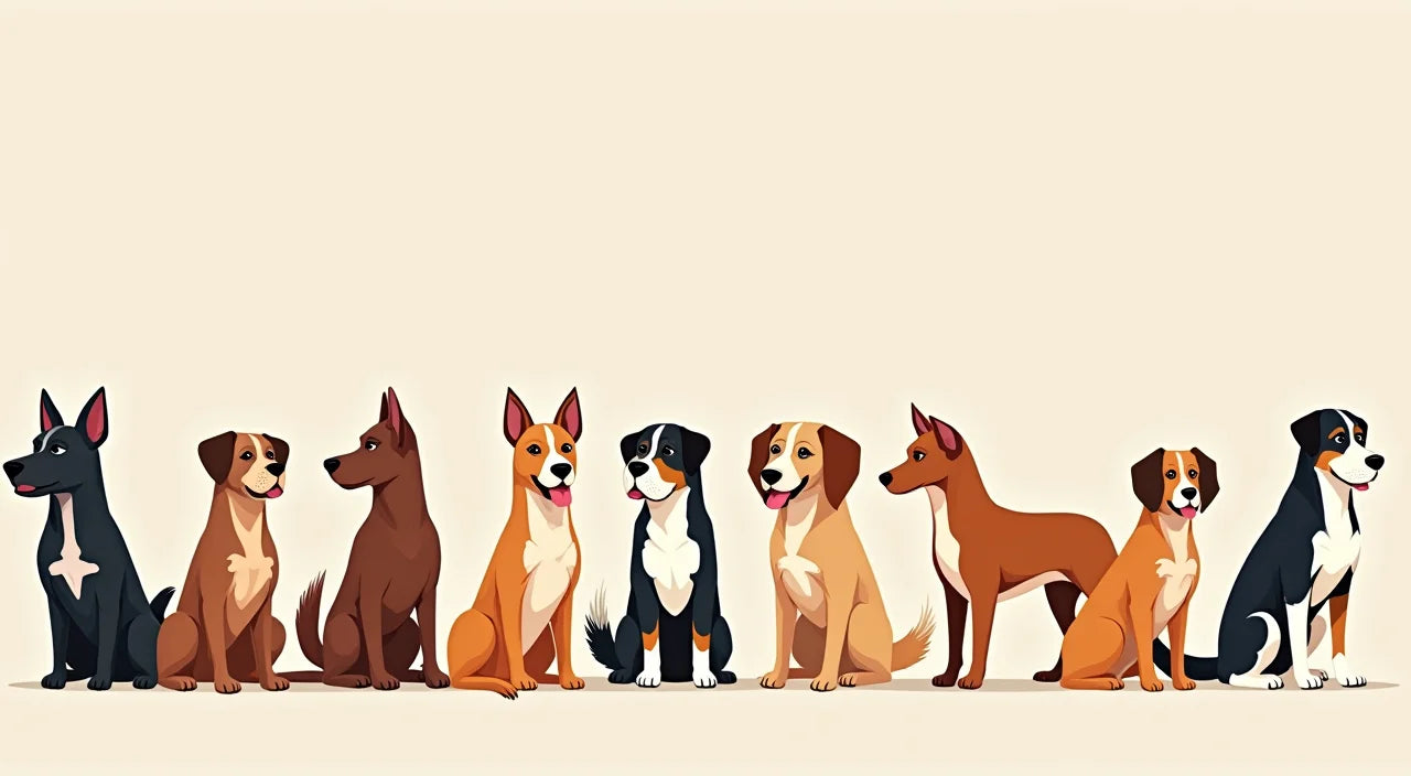Various artistic styles depicting different dog breeds with vibrant color palettes and authentic breed characteristics