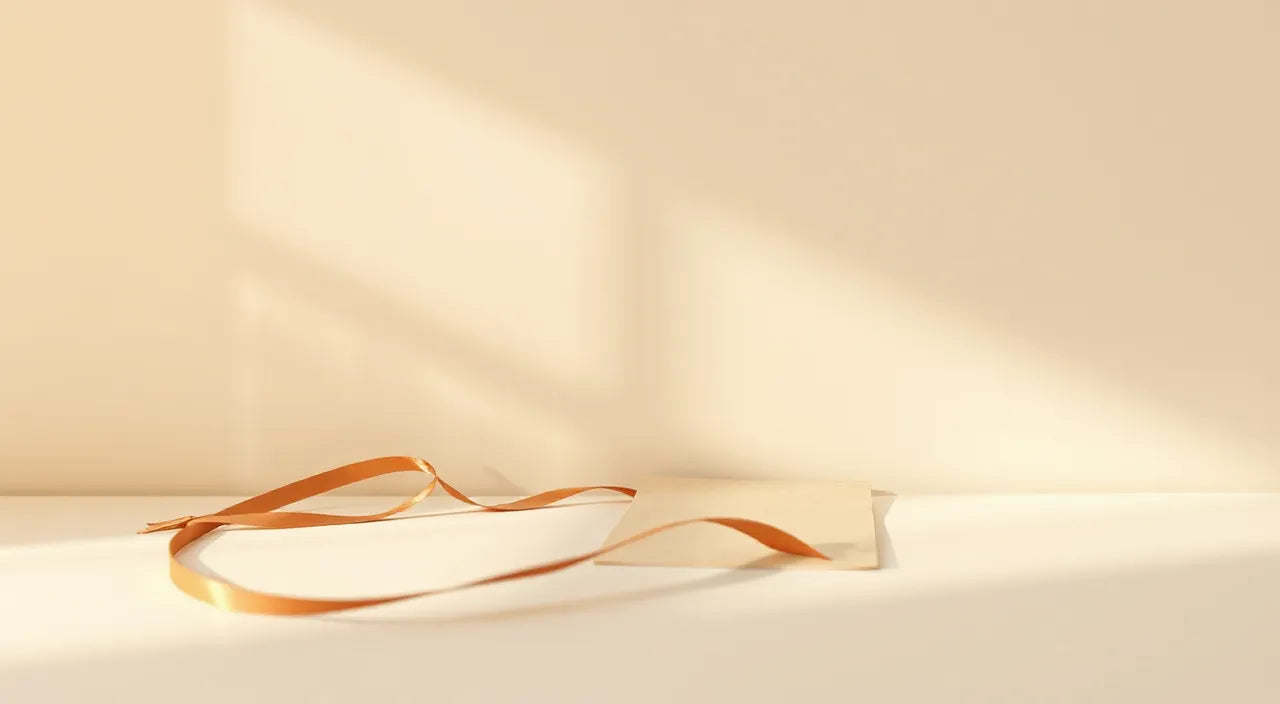 Checklist icons, warm light gradient, ribbon and note
