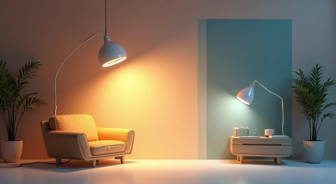 Layered lighting setup: ambient overhead fixture, warm accent light, and focused task lamp creating depth and functionality.