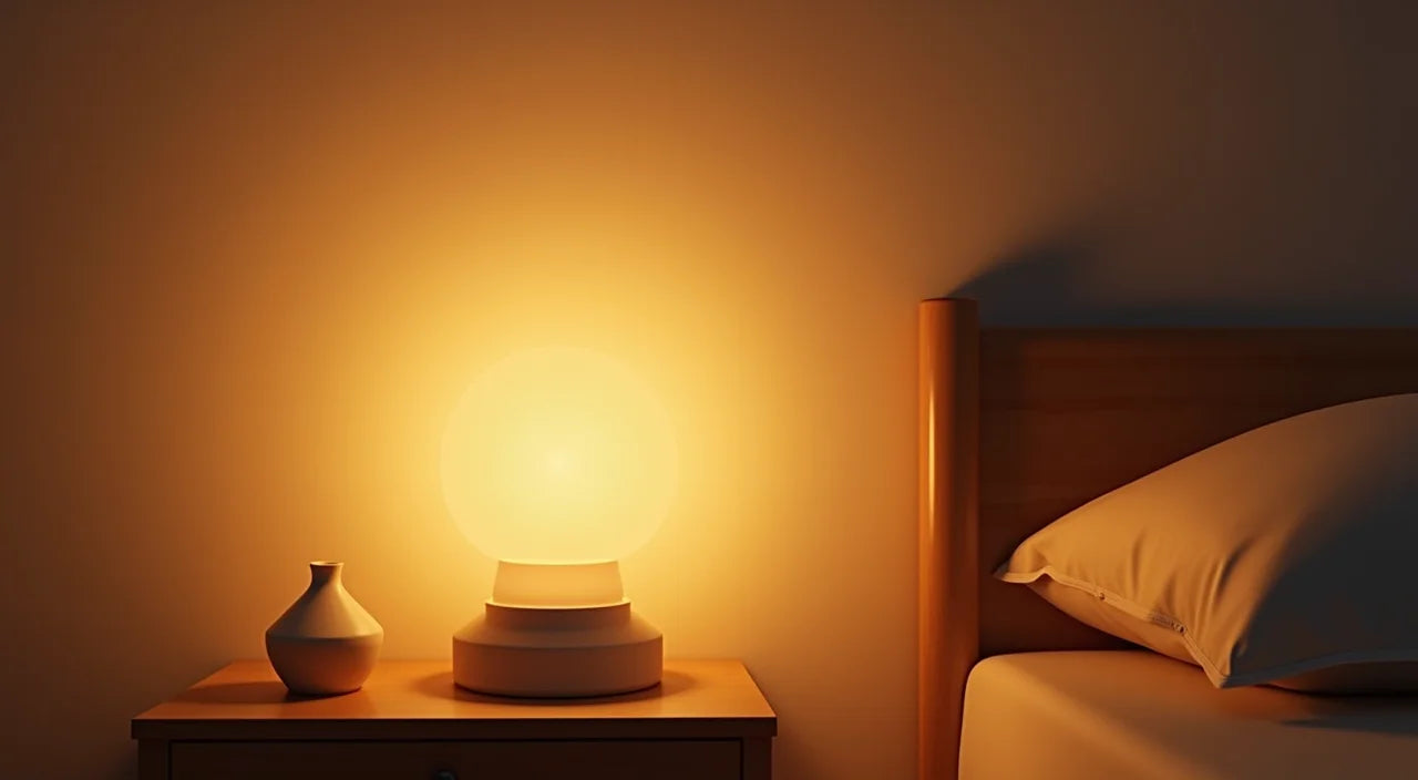 Ceramic night light with warm amber glow illuminating soft shadows on bedroom walls