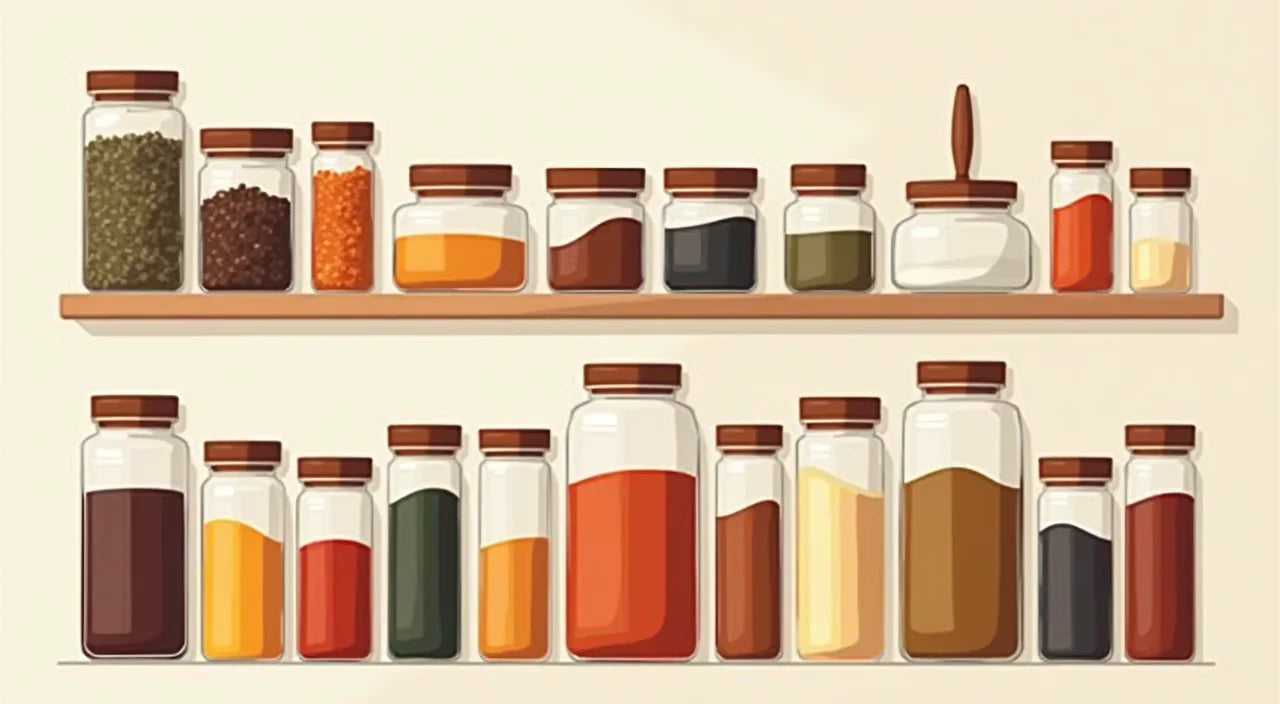 Spice jars and containers arranged by size and color creating an organized, visually appealing pantry display