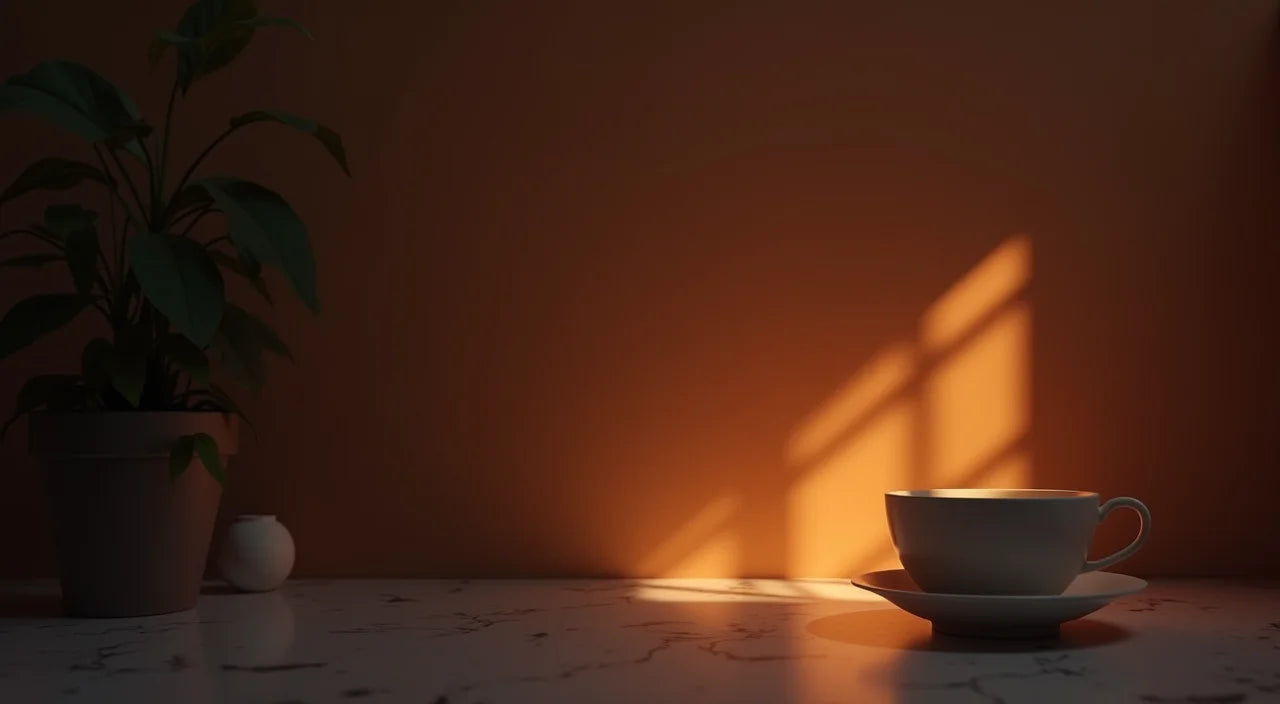 Warm ceramic glow casting gentle shadows and creating ambient atmosphere in a darkened room setting.