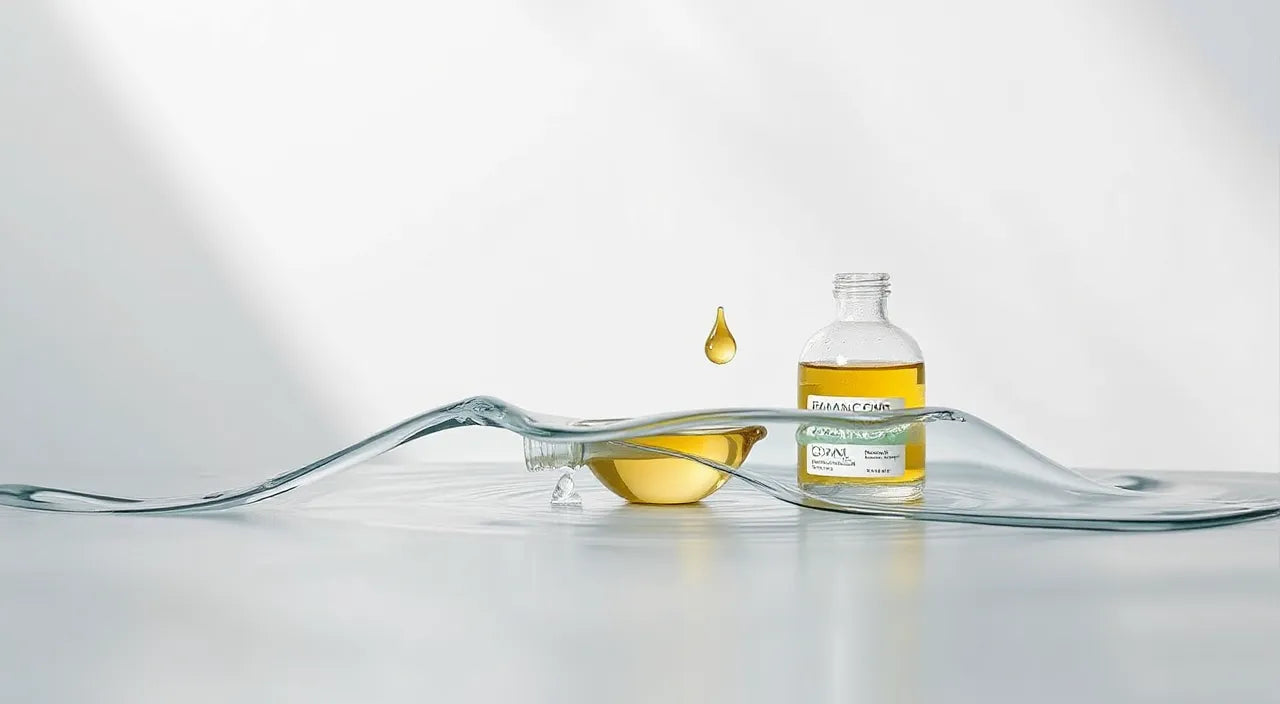 Layered skincare steps shown as water and oil icons