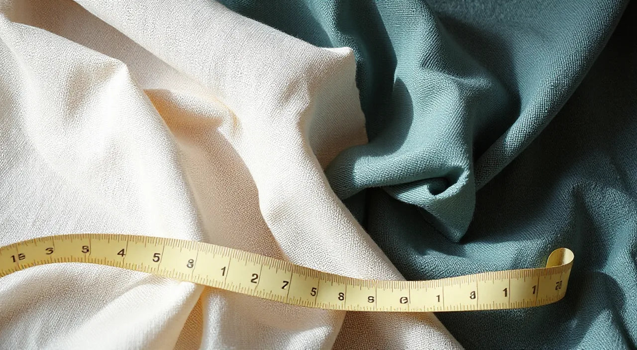 Fabric textures, dye swatches, and measuring tape visuals