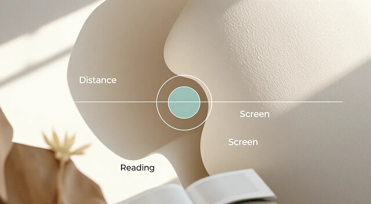 Diagram of lens options: distance, reading, and screen vision zones