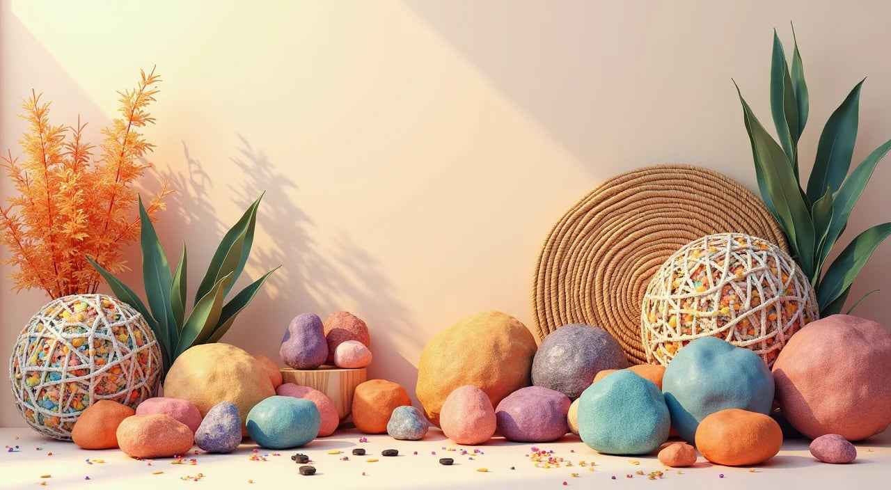 Colorful gemstones, woven textile patterns, and natural earth-toned materials arranged together symbolizing bohemian design essence