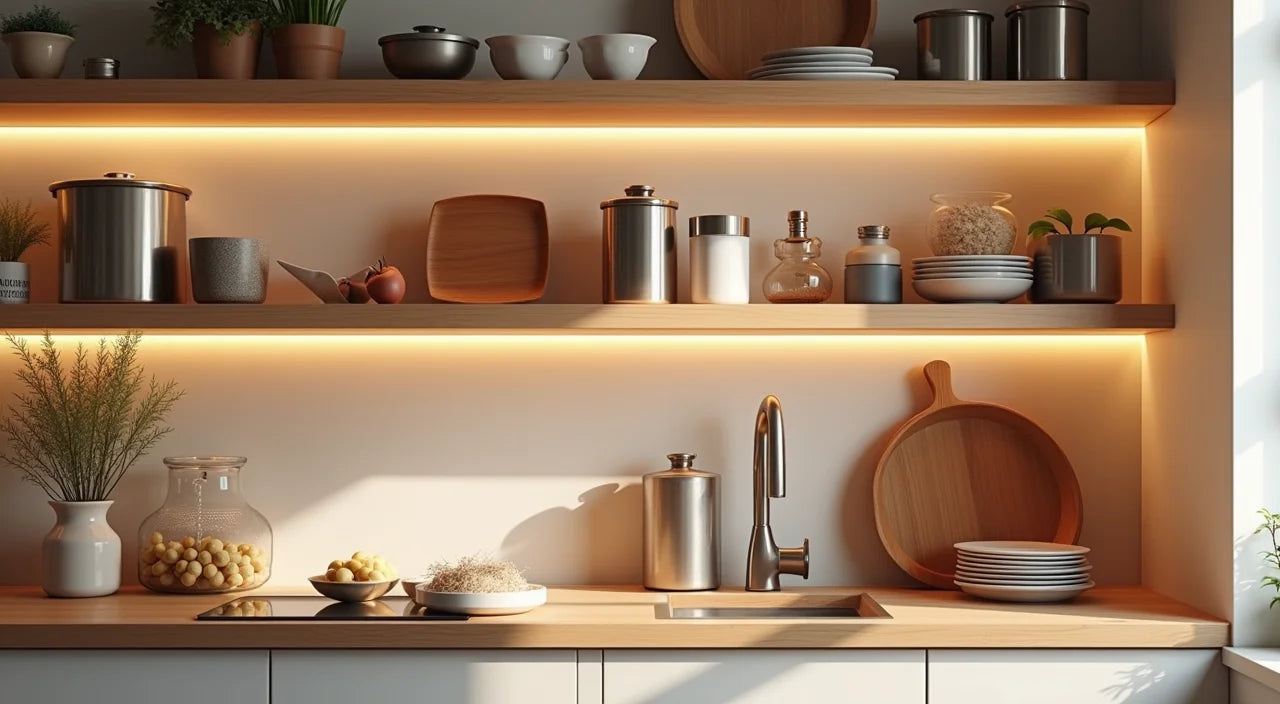 Modern kitchen tools organized neatly on shelves with warm lighting highlighting metallic and ceramic textures