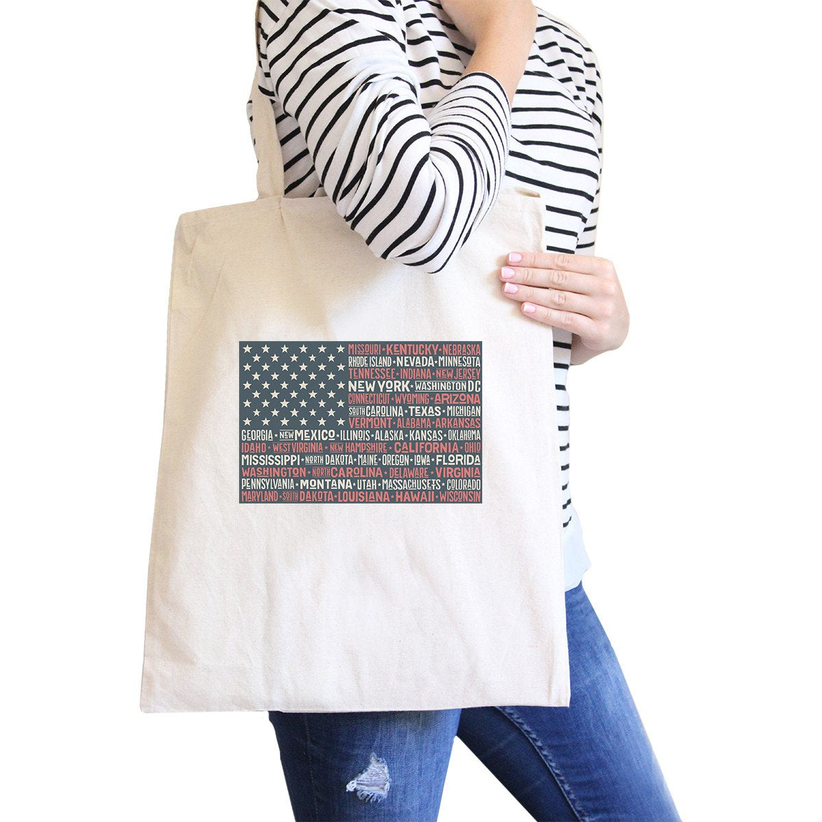 50 States Us Flag Natural Washable Canvas Tote Bag 4th of July Gift - One Color / One Size - Bags & Luggage - Women’s