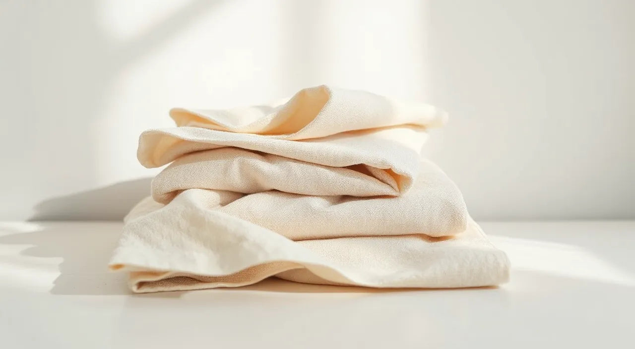 Kitchen routine: folded textiles, stain marks, care icons