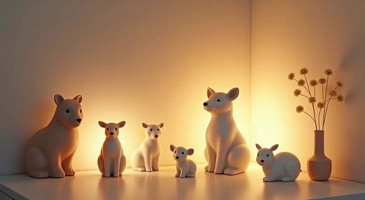 Variety of decorative ceramic animal designs illuminating different bedroom corner spaces with soft light.