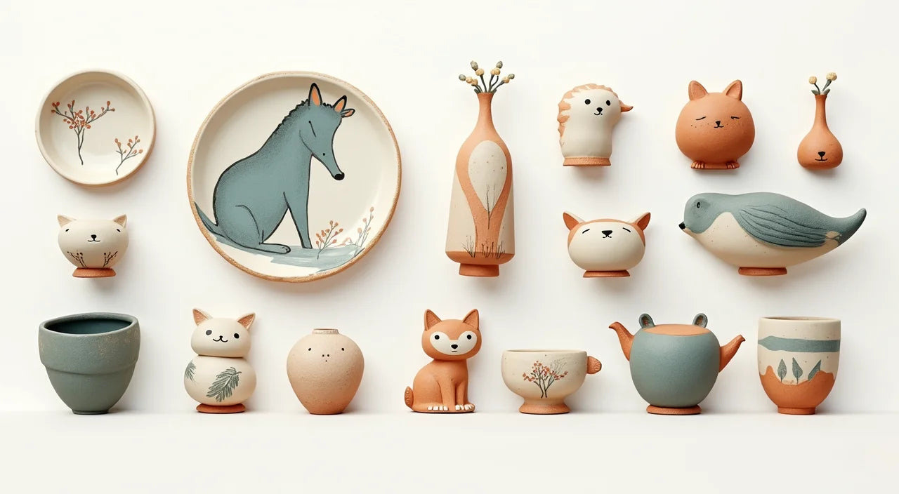 Array of varied ceramic designs displaying artistic hand-painted animal motifs