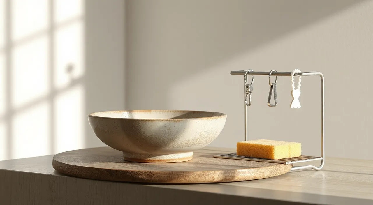 Care routine visuals: soaking bowl, gentle sponge, air-dry rack