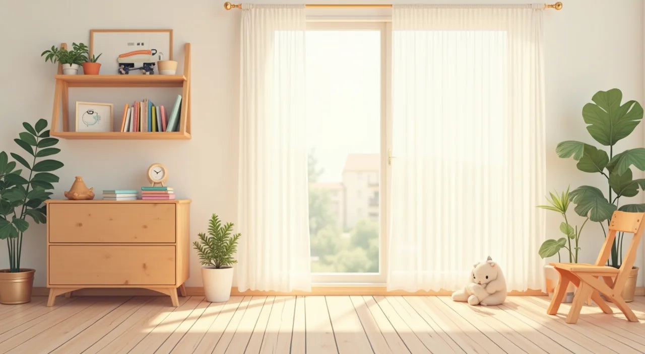 Soft neutral tones with wooden textures and natural light creating a serene, organized children