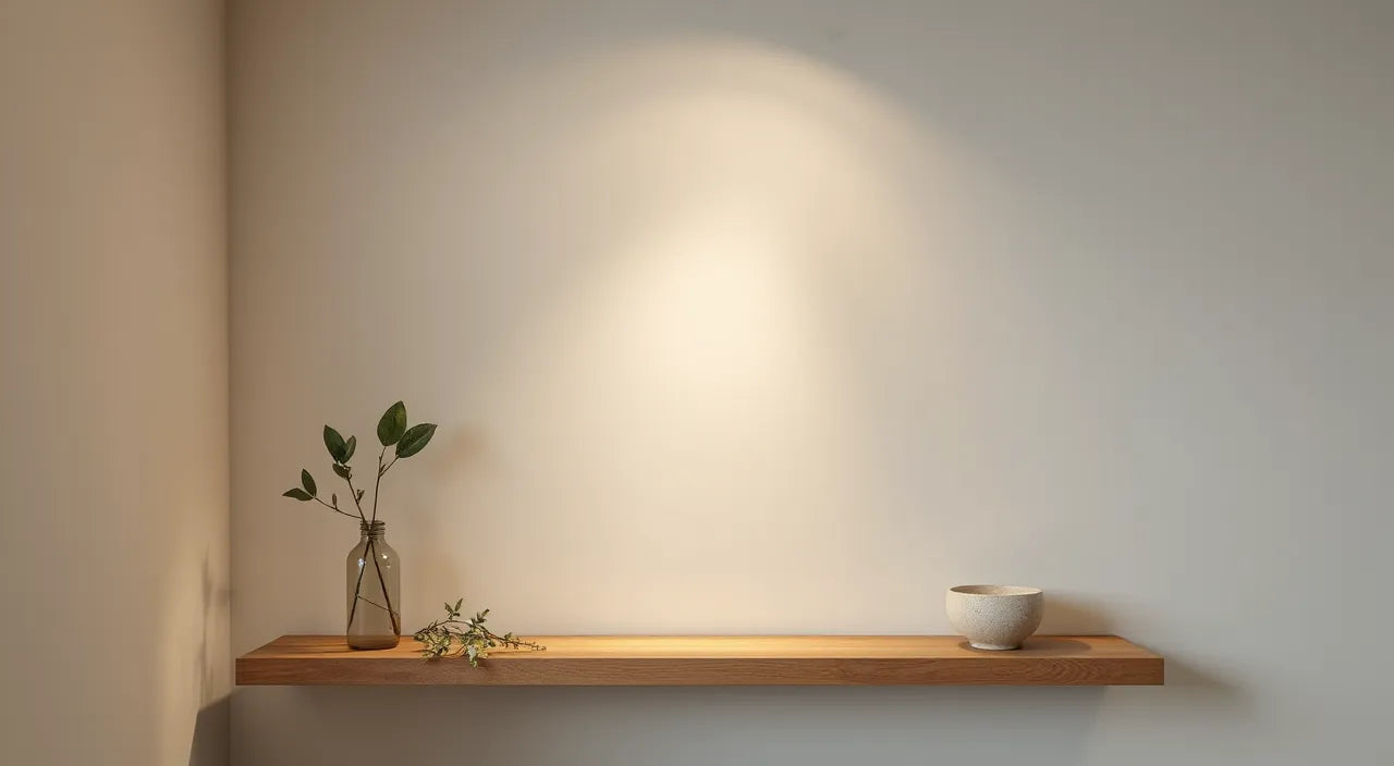 Layered shelf composition with negative space and glow
