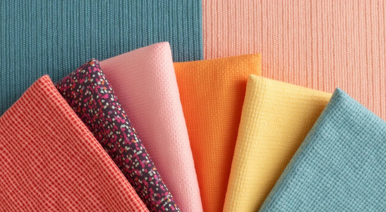 Vibrant fabric swatches displaying various weave patterns and color options for kitchen linens