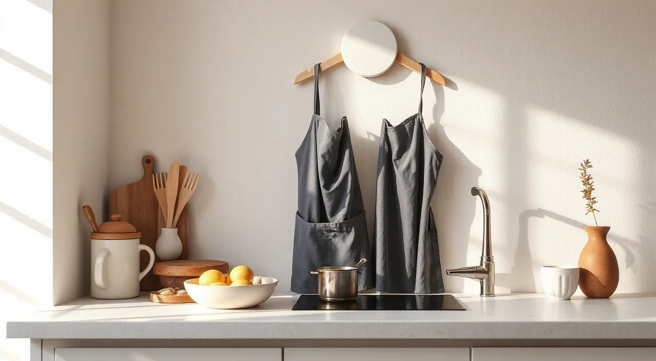 Playful kitchen mood: icons, bright patterns, aprons silhouette