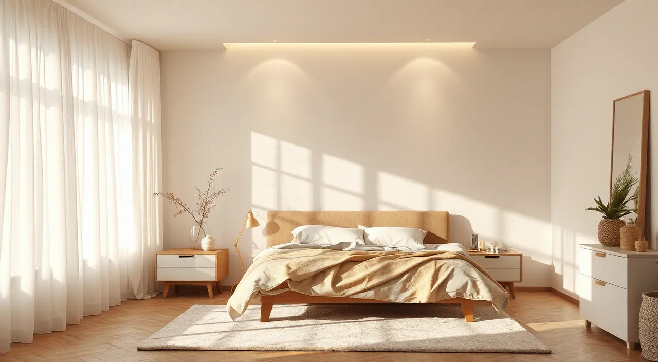 Layered bedroom lighting concept: warm glow, soft shadows