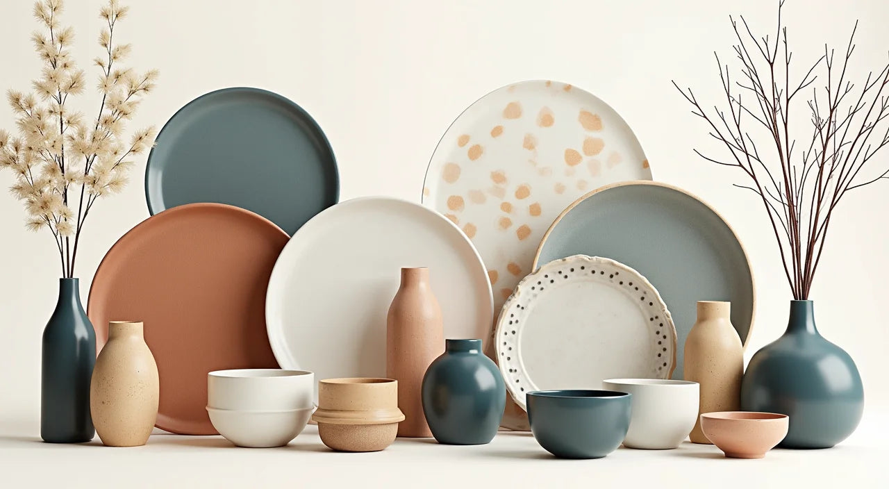 Variety of ceramic finishes and hand-painted decorative patterns displayed together