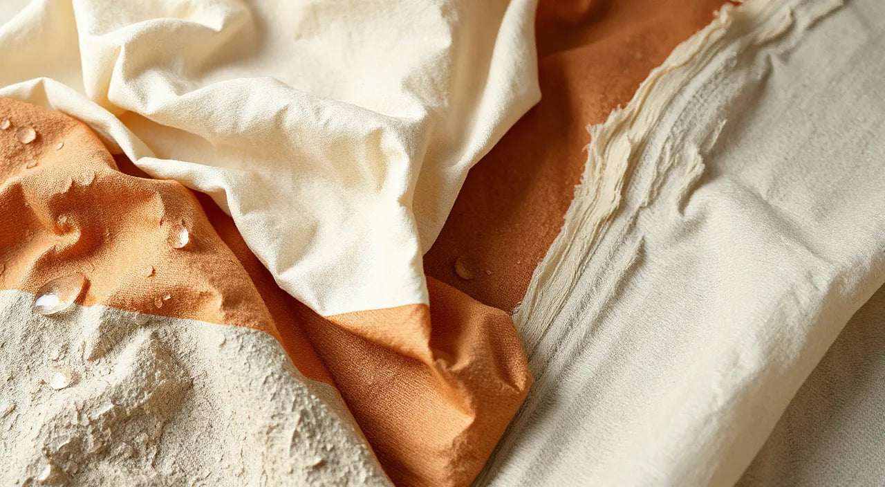 Material swatches showing textures, wipes, and water droplets