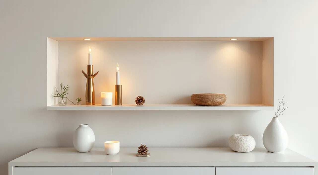 Cozy winter lighting and shelf styling guide the eye