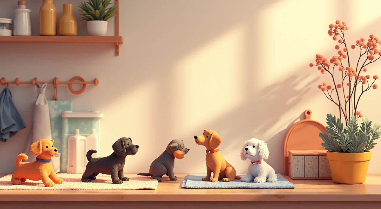 Variety of canine designs displayed on fabric surfaces with warm kitchen lighting