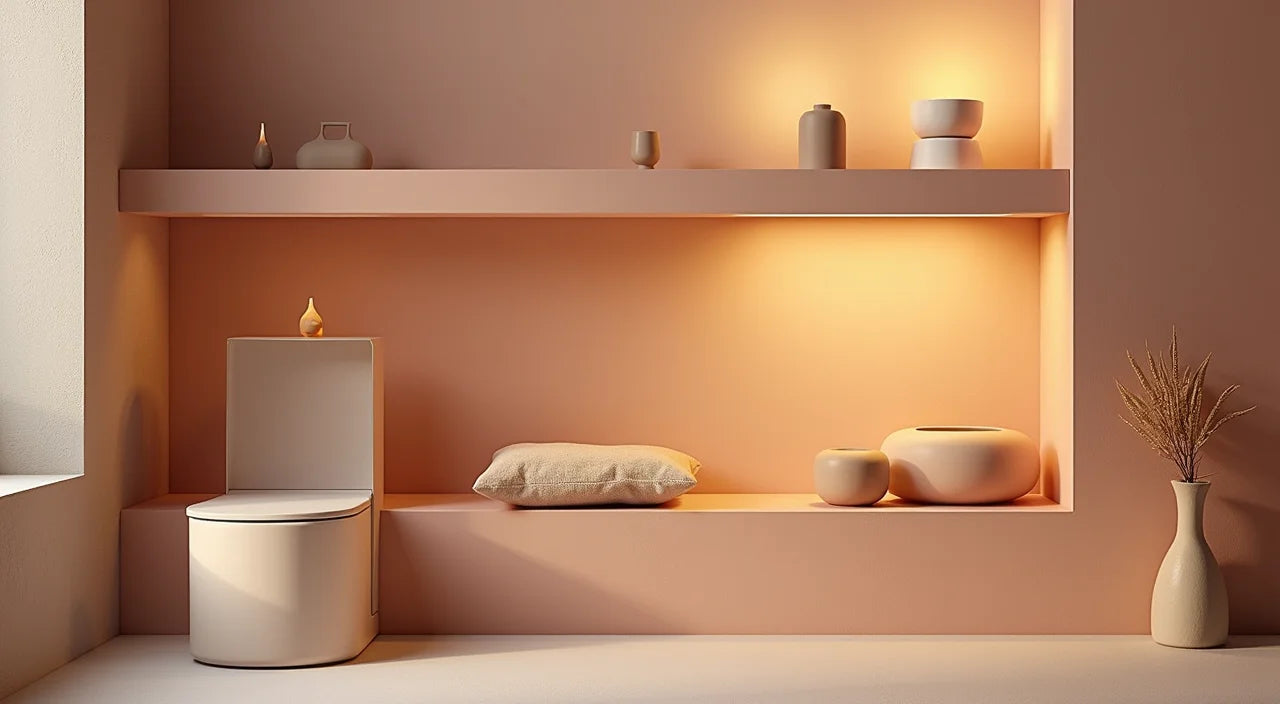 Grouped ceramic fixtures arranged on shelving units creating intentional focal points with warm ambient light.