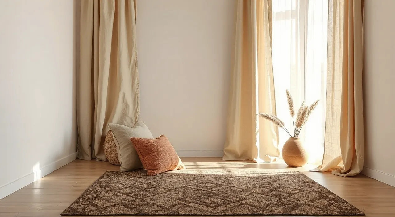 Room vignette cues: curtains, pillows, runner pattern scale