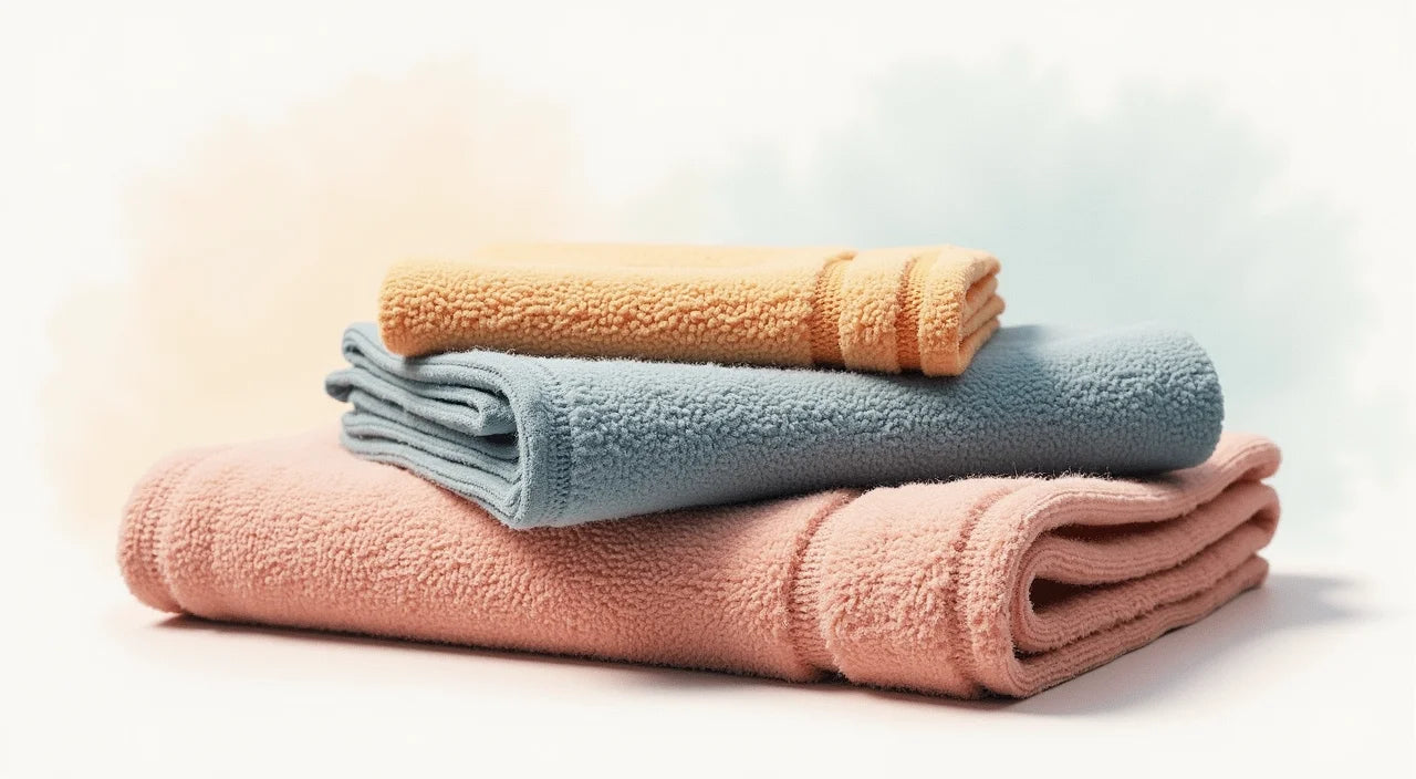 Layered kitchen towel arrangements showing varied textures, patterns, and complementary neutral color combinations.