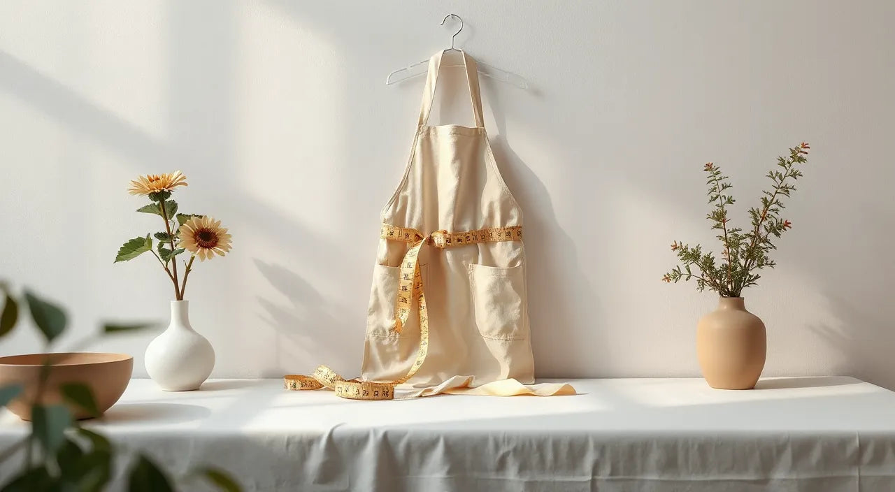 Studio scene cues: measuring tape, hanging apron, care symbols