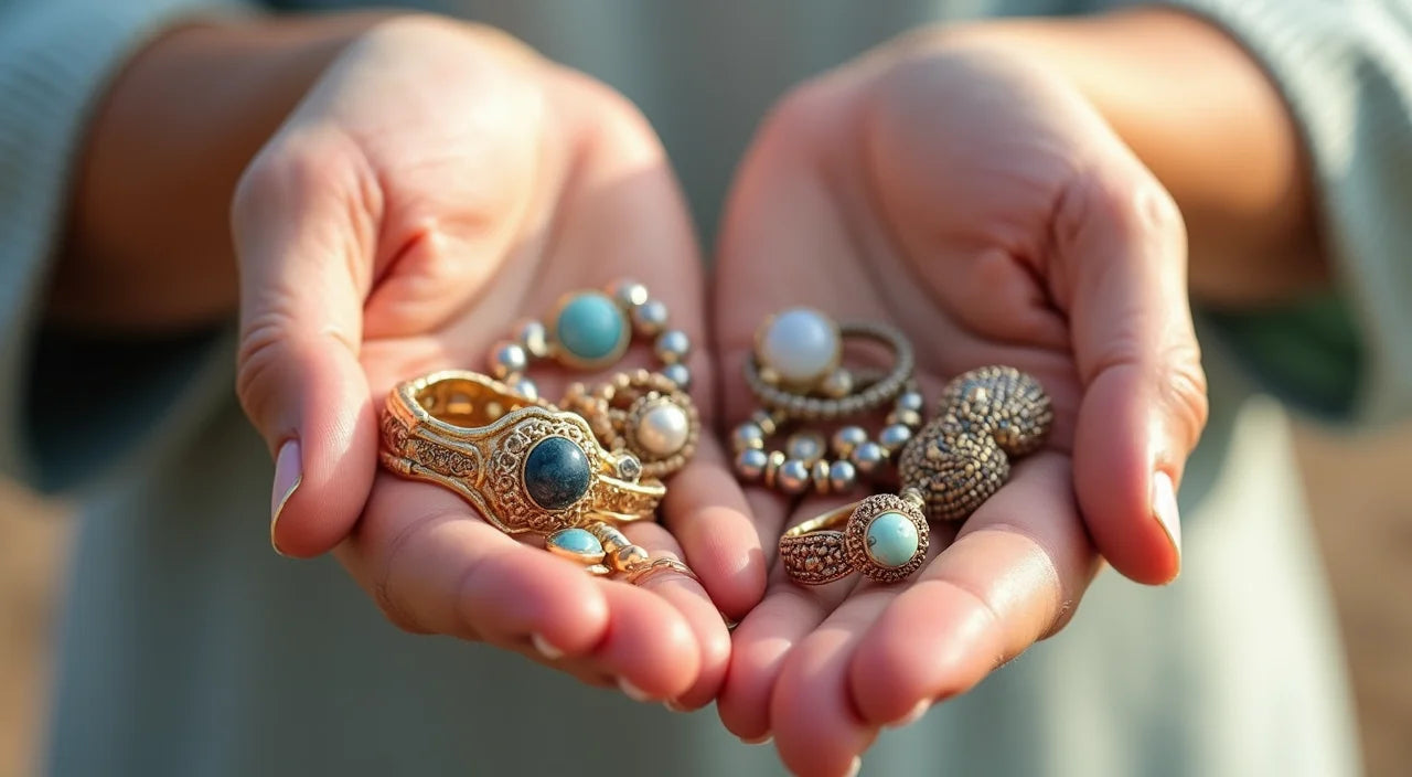 Hands holding delicate strands of beaded jewelry, woven rings, and natural stone pieces displaying careful craftsmanship and attention to detail