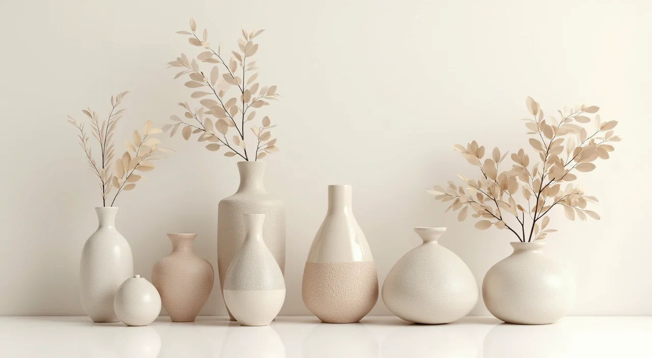 Decorative ceramic bases featuring nature-inspired motifs with soft linen shade textures.