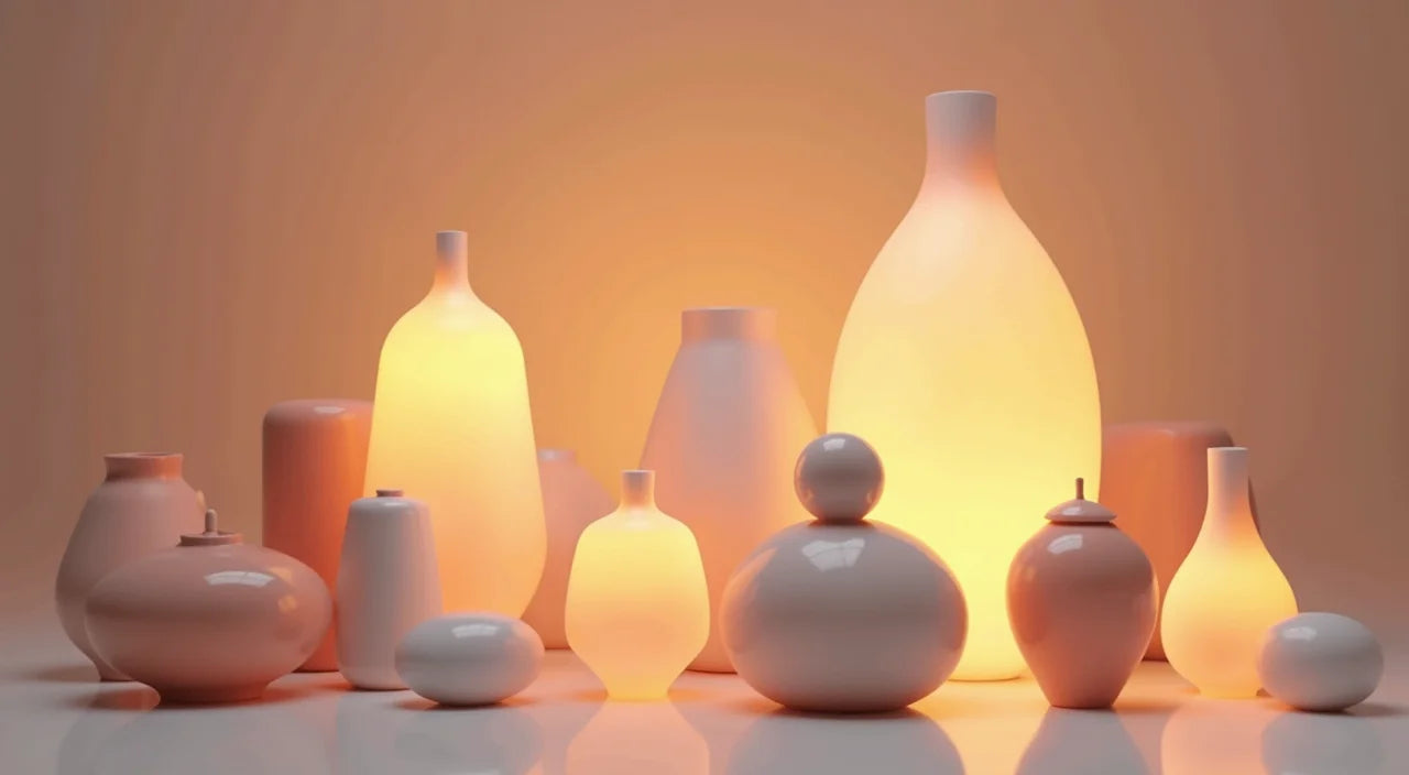 Ceramic sculptural forms glowing softly, creating warm ambient light and visual interest.