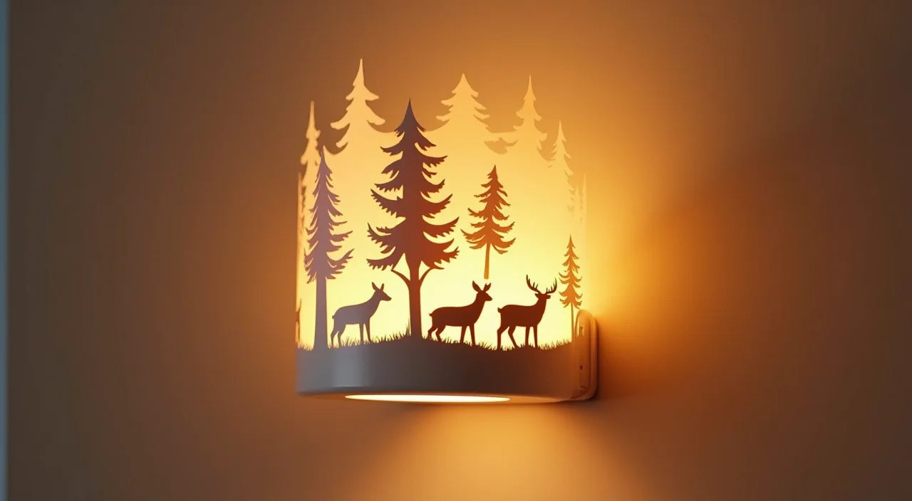 Forest-inspired ceramic fixture with woodland animal silhouettes and warm amber glow