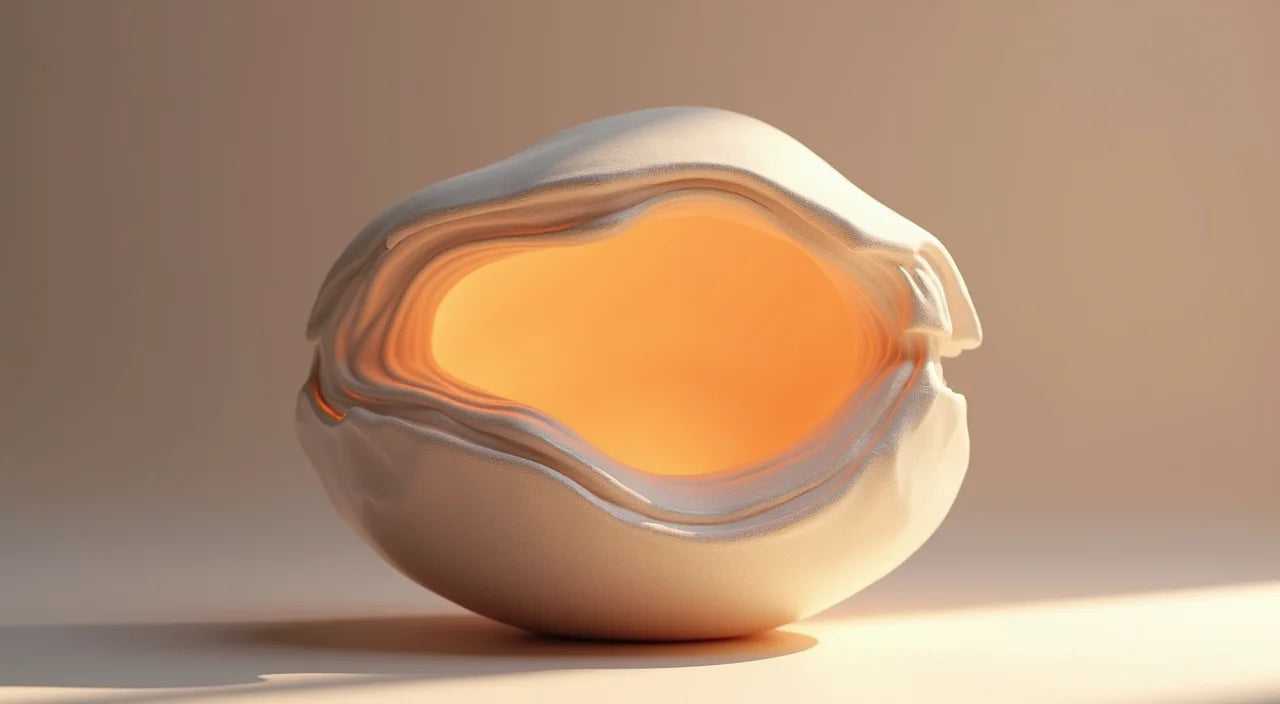 Ceramic sculpture with warm interior glow creates layered shadow effects on surrounding surfaces.