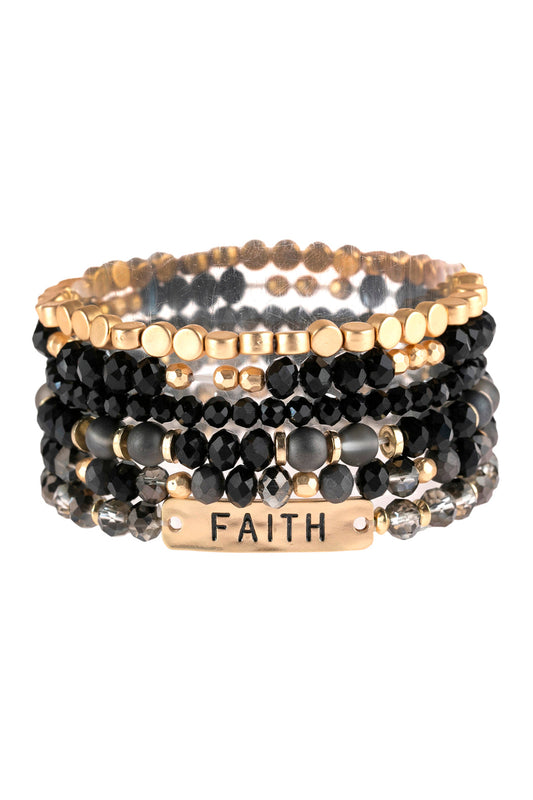 ’Faith’ Charm Mixed Beads Bracelet - BLACK - Jewelry & Accessories - Bracelets & Bangles - Charm Bracelets