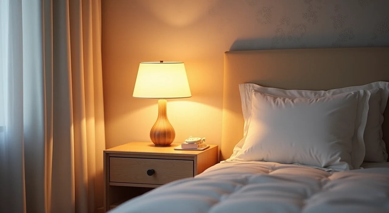 Bedside arrangement combining warm table lamp, dimmer control, and decorative accent fixture for comprehensive illumination.
