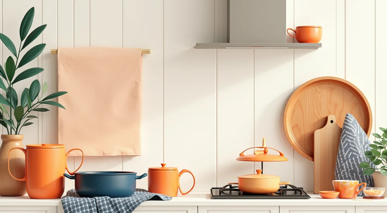 Coordinated kitchen textiles with complementary colors and patterns displayed near cooking area