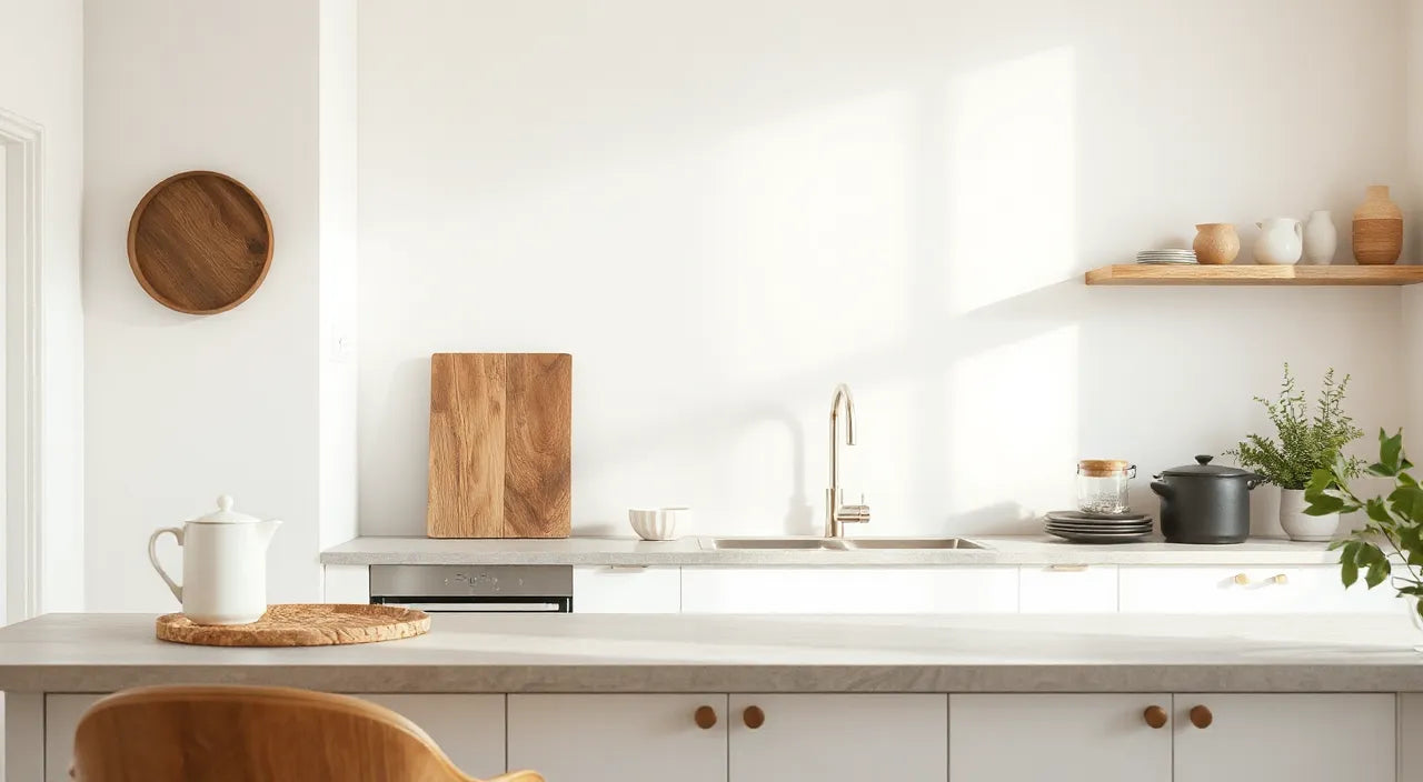 Warm kitchen scene cues: soft light, calm textures