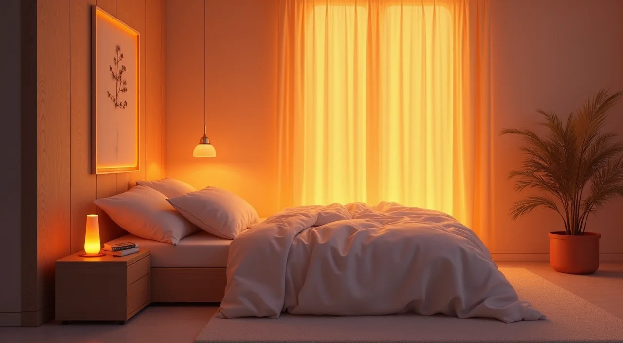 Warm amber glow creating a peaceful, calming bedroom atmosphere for restful sleep.