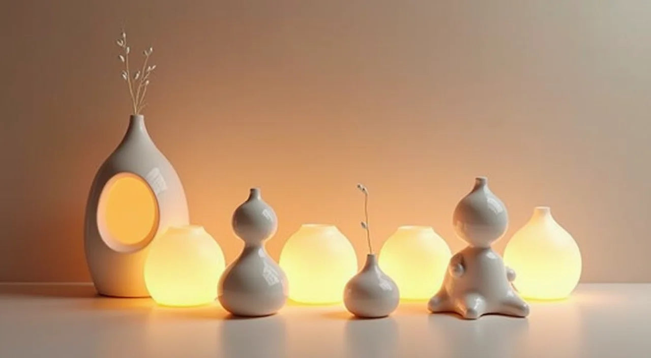Handcrafted ceramic figurines glowing softly with warm illumination against neutral backgrounds.