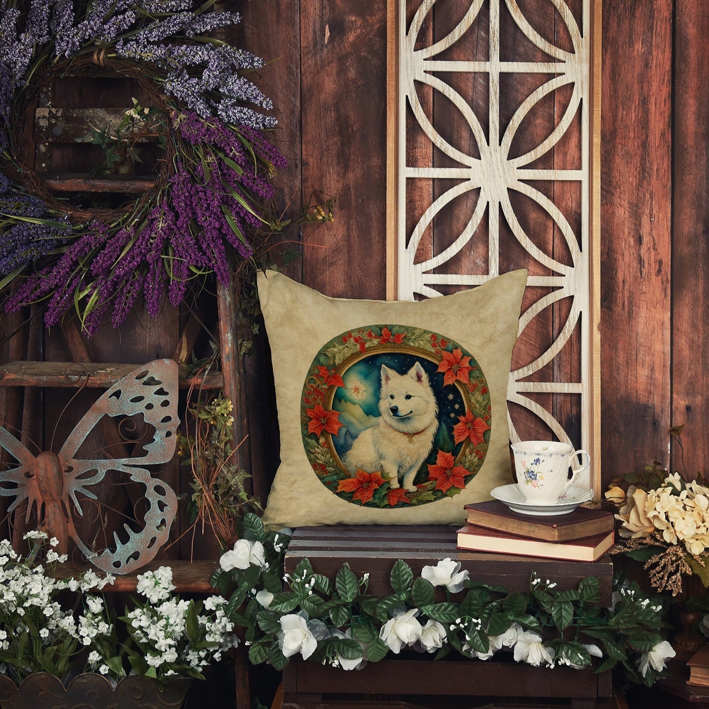 American Eskimo Christmas Flowers Throw Pillow - One Color / One Size - Home & Garden - Home Textile - Pillows