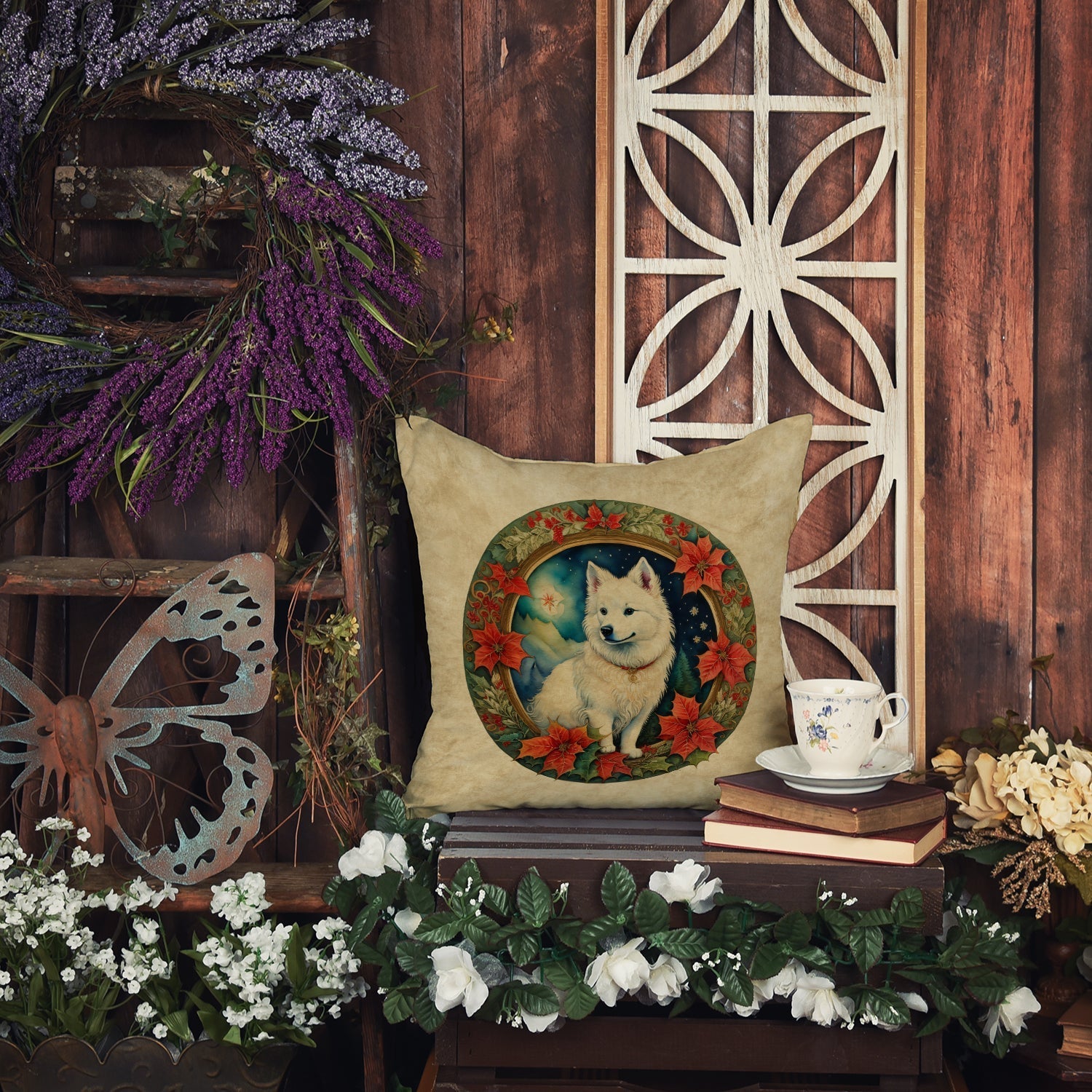 American Eskimo Christmas Flowers Throw Pillow - One Color / One Size - Home & Garden - Home Textile - Pillows