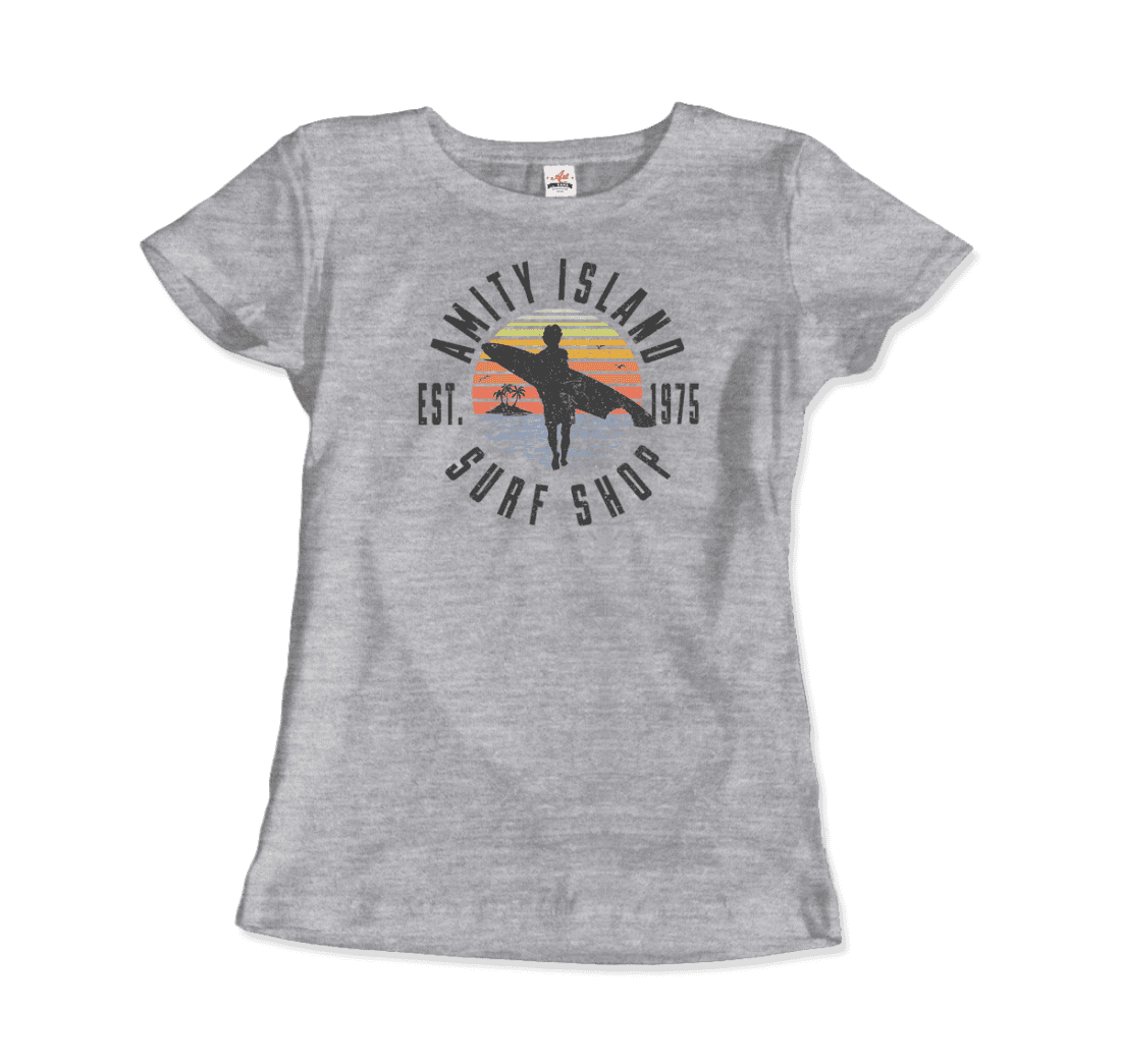 Amity Island Surf Shop Jaws T-Shirt - Women (Fitted) / Heather Grey / S - Men’s Fashion - Men’s Clothing - Shirts