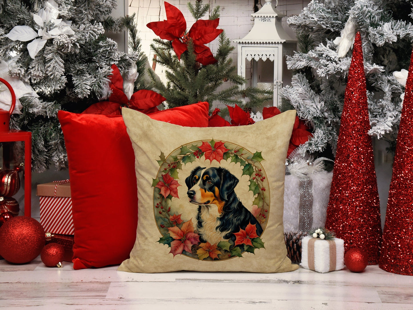 Appenzeller Sennenhund Christmas Flowers Throw Pillow - One Color / One Size - Home & Garden - Home Textile - Pillows