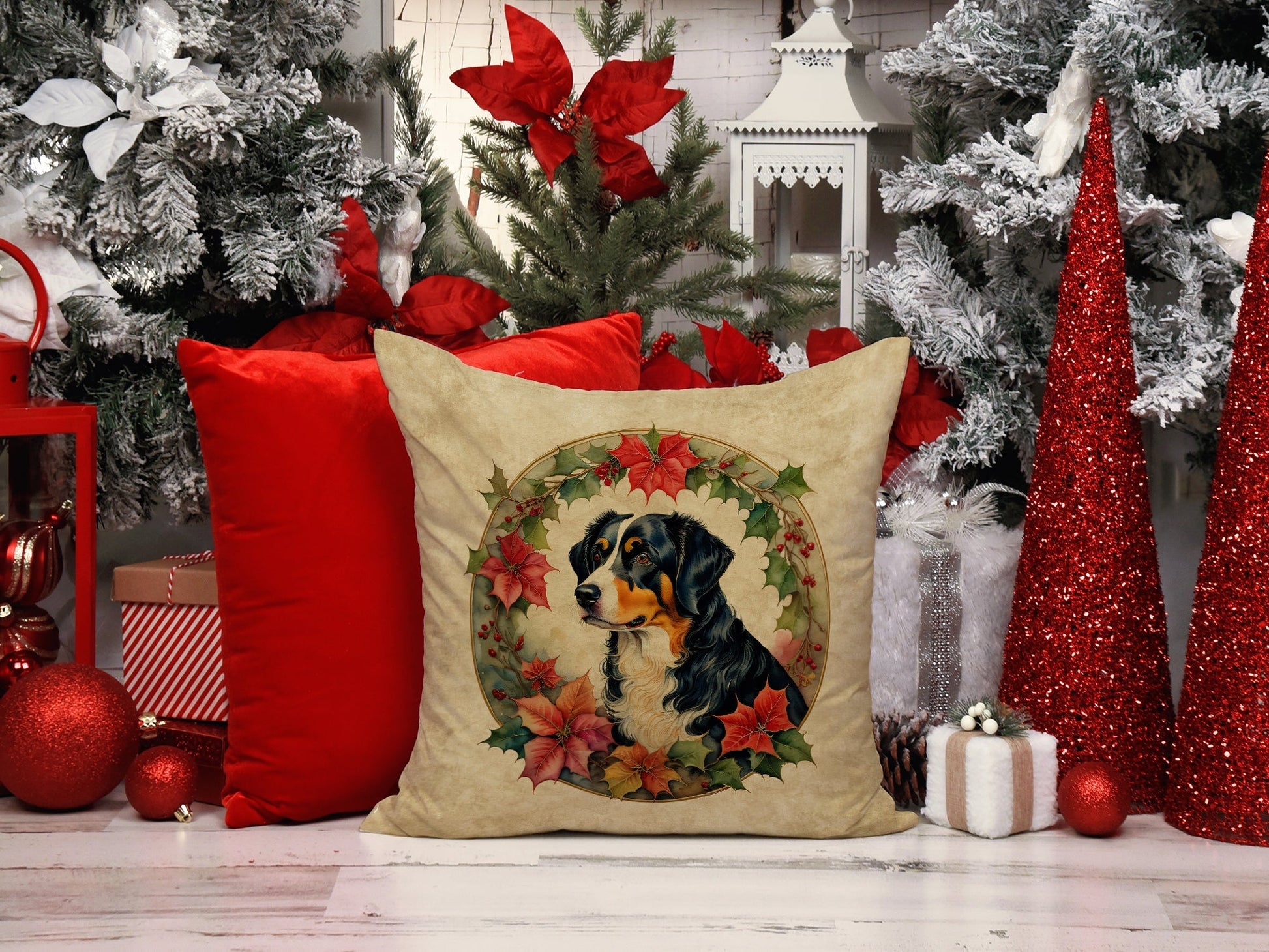 Appenzeller Sennenhund Christmas Flowers Throw Pillow - One Color / One Size - Home & Garden - Home Textile - Pillows