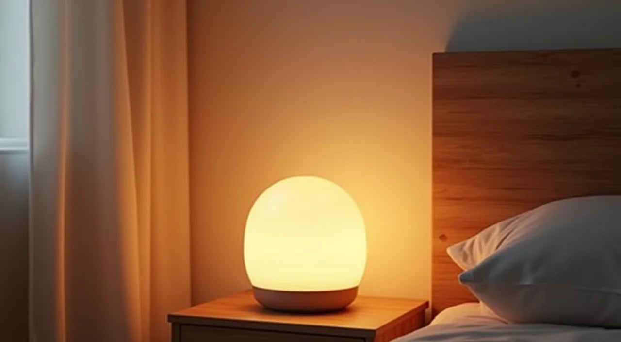 Soft ceramic glow illuminating bedroom corner with warm ambient light