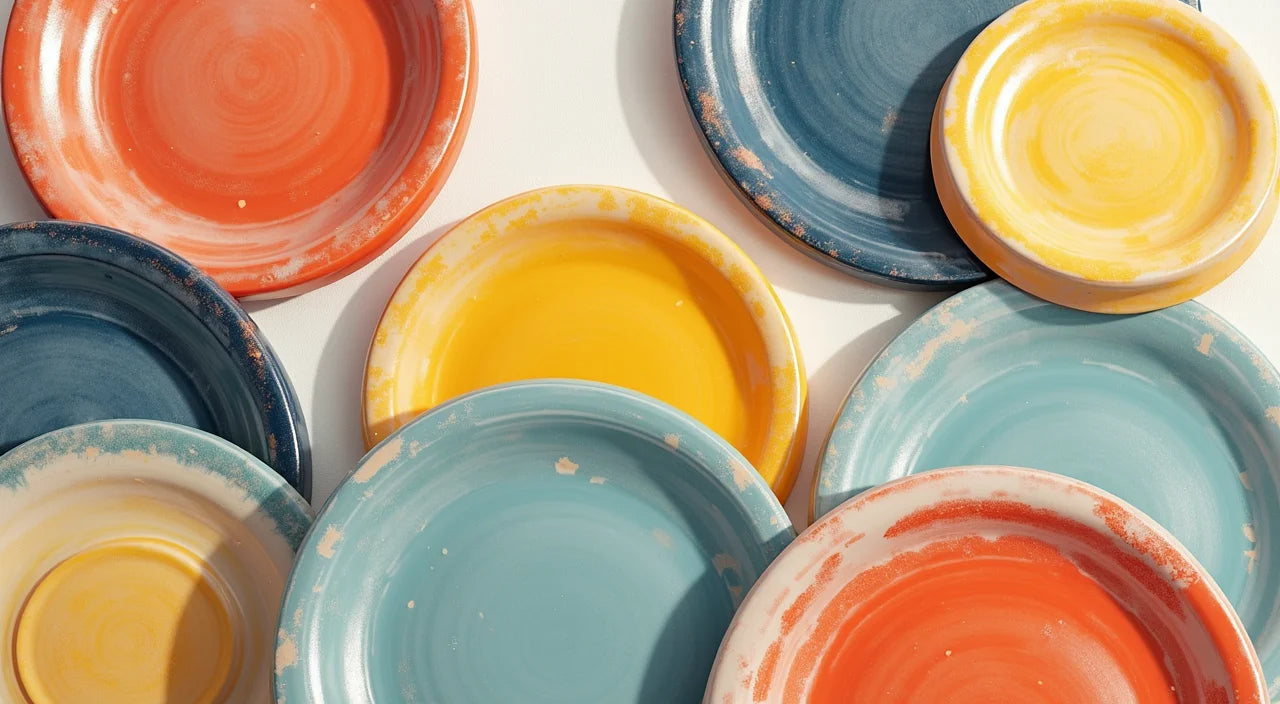 Glazed ceramic surfaces displaying rich colors and hand-painted artistic details