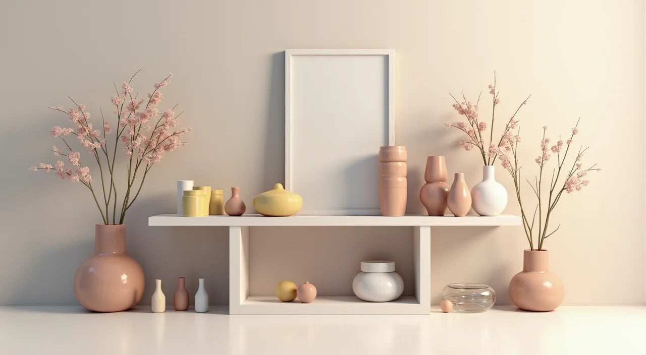 Clustered decorative objects at varying heights create visual interest and dimensional depth on shelving surfaces.