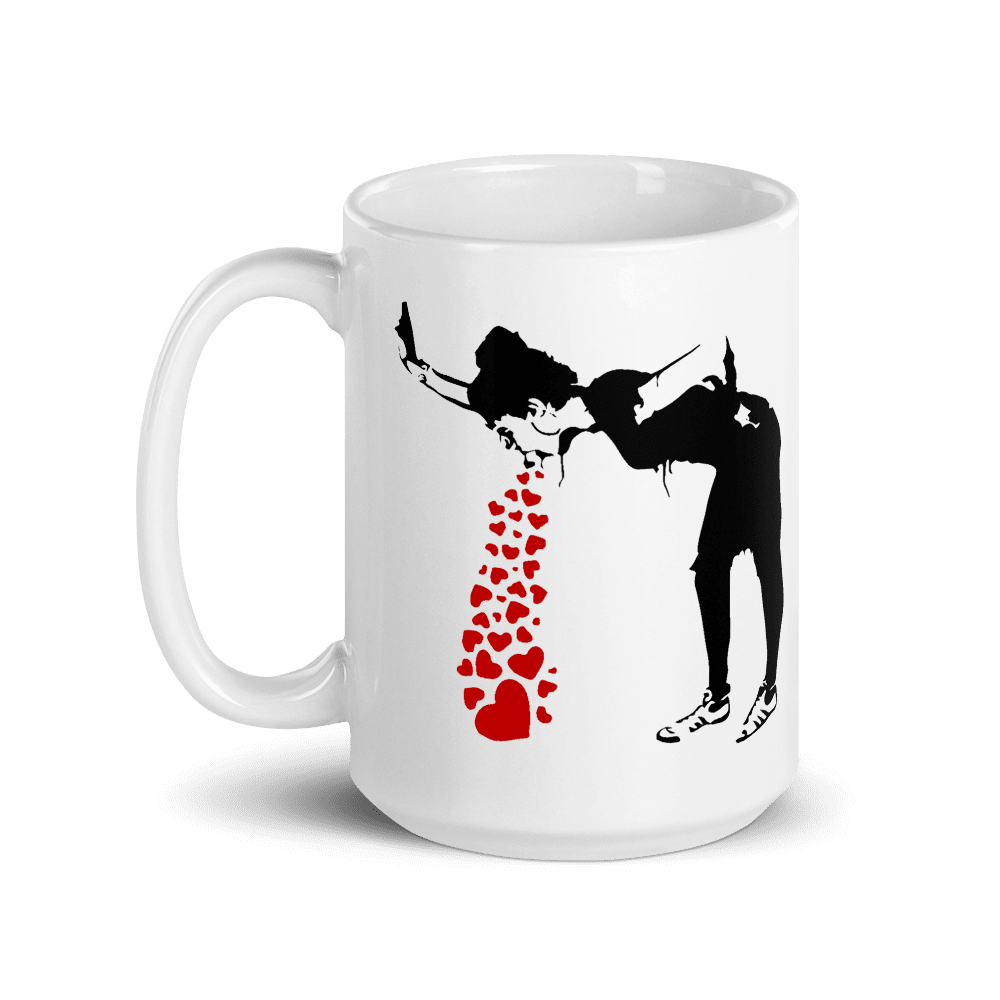Banksy Lovesick Girl Throwing Up Hearts Artwork Mug - 15oz (444mL) - Home & Garden - Kitchen Dining & Bar - Coffeeware